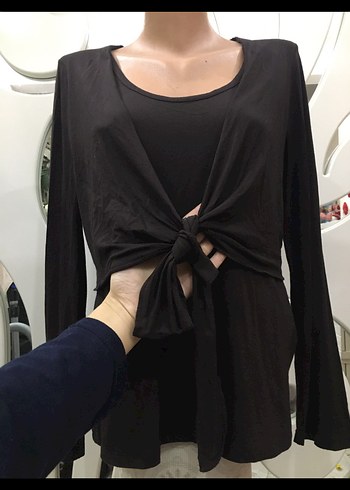 Kahve Uzun Kollu Önü bağcıklı Bluz - Görsel 2