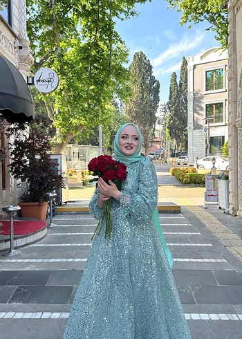 Uzun Kol Turkuaz Bohem Etnik Abiye Elbise - Görsel 4