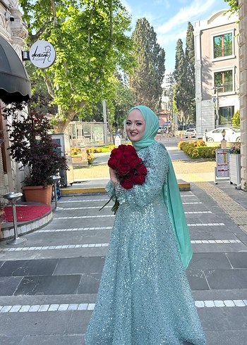 Uzun Kol Turkuaz Bohem Etnik Abiye Elbise - Görsel 3