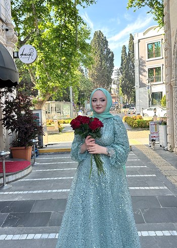 Uzun Kol Turkuaz Bohem Etnik Abiye Elbise - Görsel 2