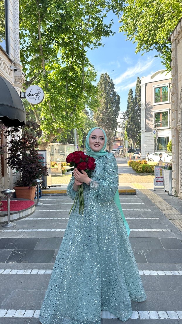 Uzun Kol Turkuaz Bohem Etnik Abiye Elbise - Görsel 4