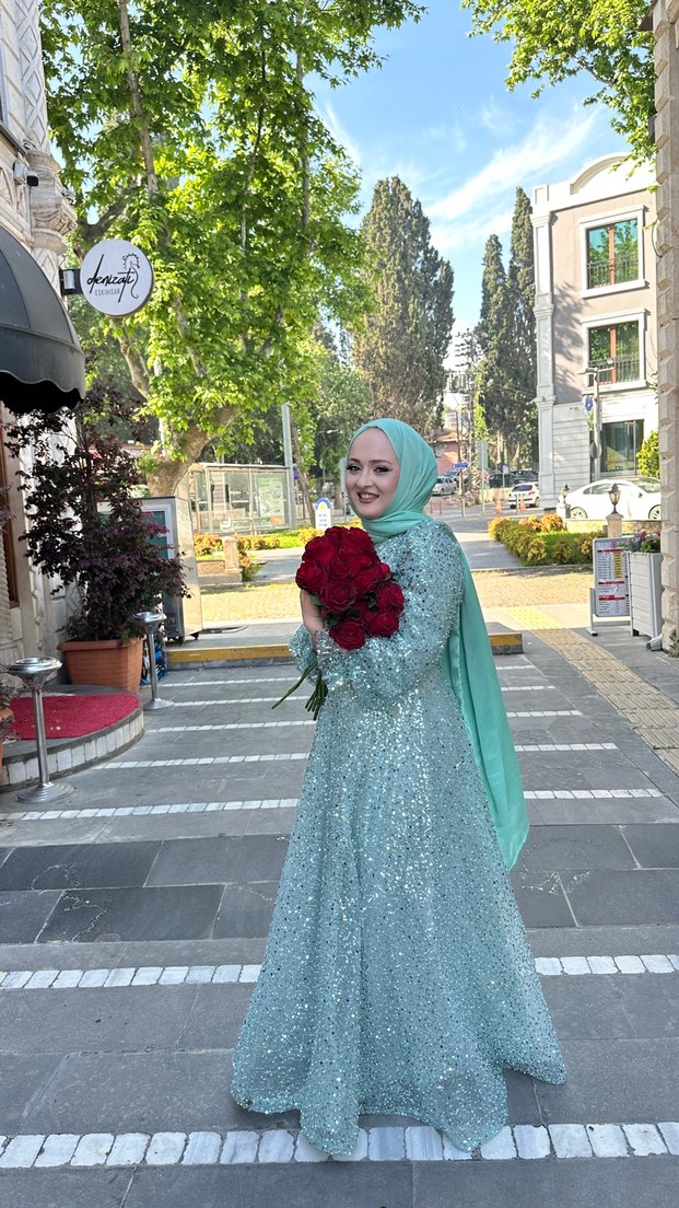 Uzun Kol Turkuaz Bohem Etnik Abiye Elbise - Görsel 3