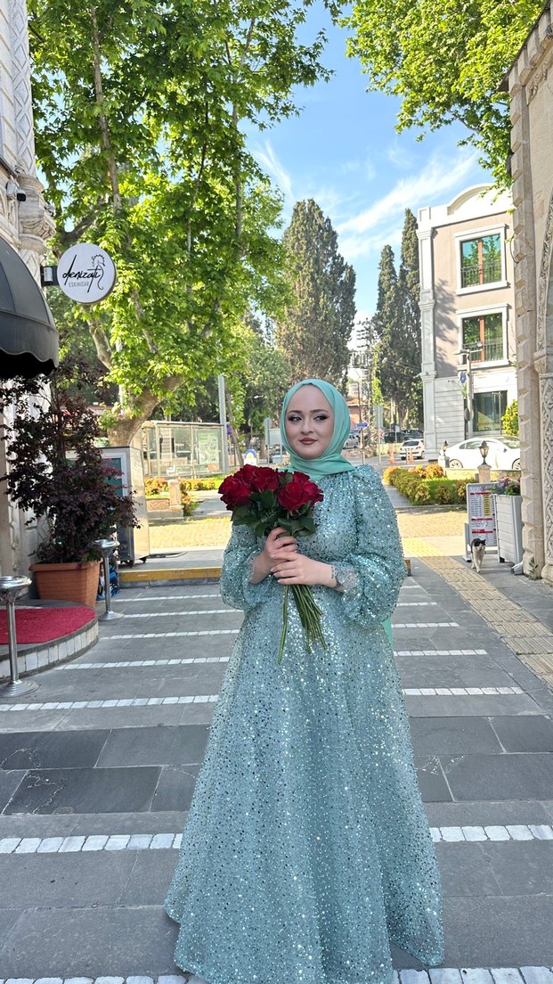 Uzun Kol Turkuaz Bohem Etnik Abiye Elbise - Görsel 2