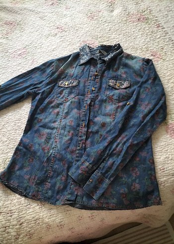 Kadın Lacivert Batik Desenli Uzun Kollu Denim Gömlek