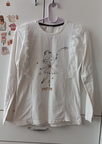 Kız Çocuk Beyaz Dantel Detaylı Nakışlı Tişört - Görsel 4