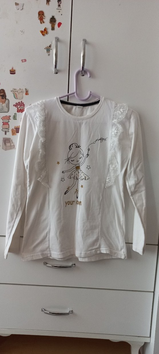 Kız Çocuk Beyaz Dantel Detaylı Nakışlı Tişört - Görsel 4