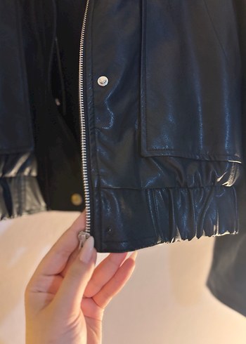 Siyah Kadın Deri Ceket, Düğmeli, Salaş Kesim - Görsel 4