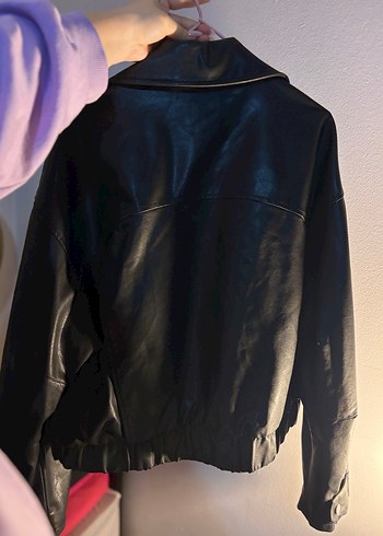 Siyah Kadın Deri Ceket, Düğmeli, Salaş Kesim - Görsel 5