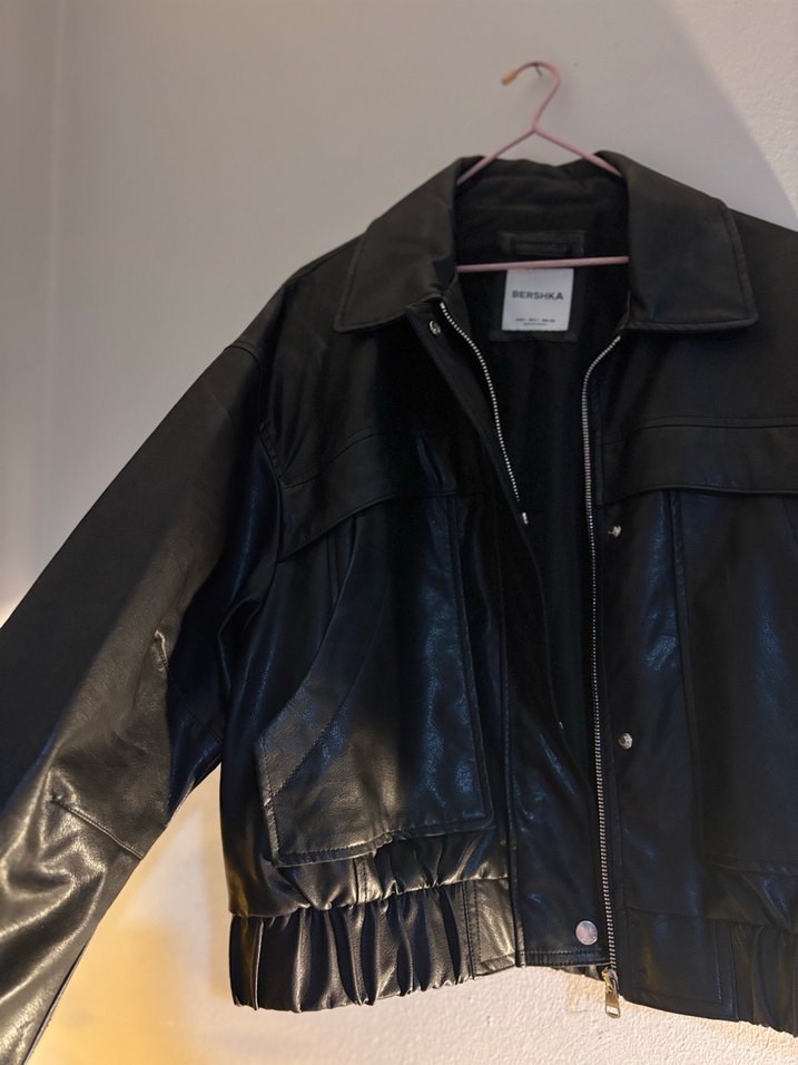 Siyah Kadın Deri Ceket, Düğmeli, Salaş Kesim - Görsel 2