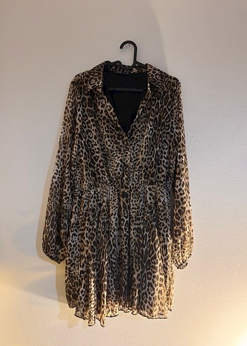 Kahverengi Leopar Desenli Mini Kadın elbise şifon - Görsel 4