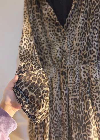 Kahverengi Leopar Desenli Mini Kadın elbise şifon - Görsel 2