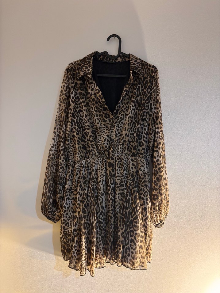 Kahverengi Leopar Desenli Mini Kadın elbise şifon - Görsel 4