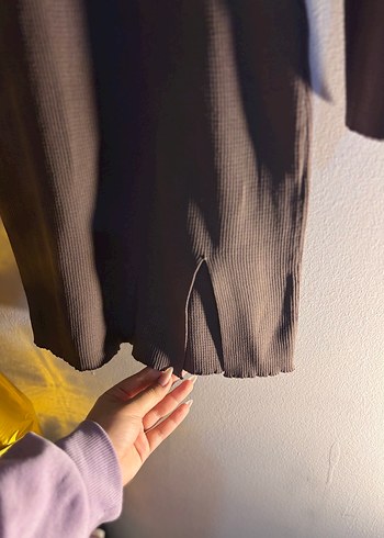 Kahverengi Uzun Kollu mini Kadın triko Elbise - Görsel 4