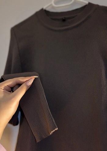 Kahverengi Uzun Kollu mini Kadın triko Elbise - Görsel 2