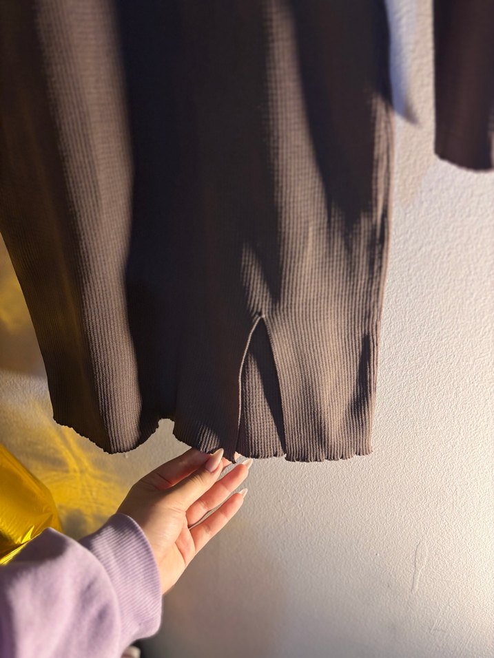 Kahverengi Uzun Kollu mini Kadın triko Elbise - Görsel 4