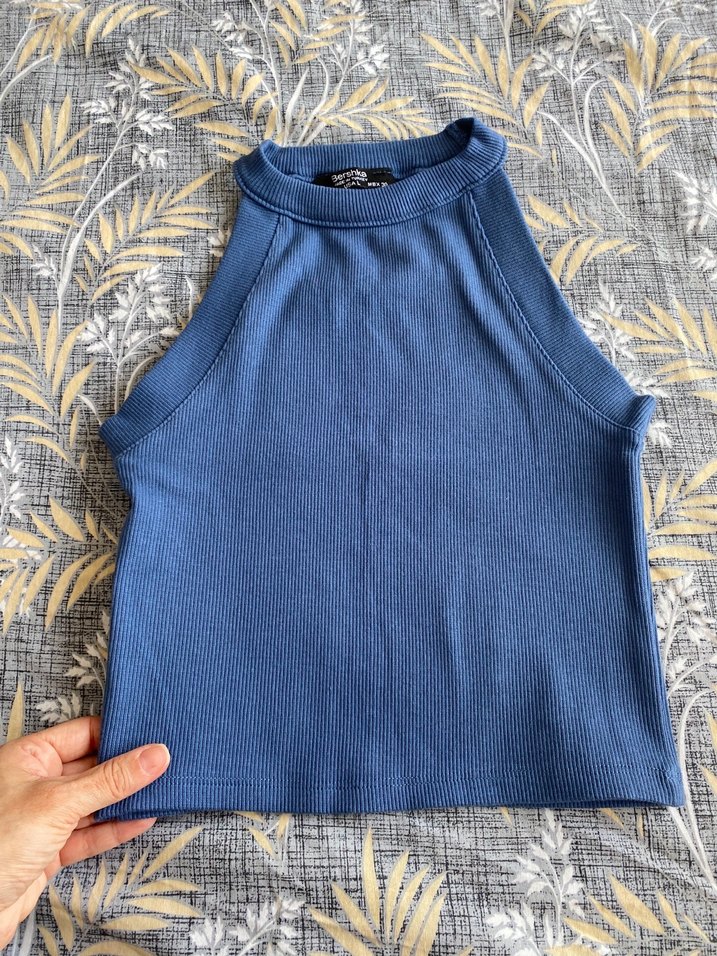 Mavi Yüksek Yakalı crop - Görsel 3