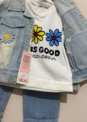 Kız Çocuk Mavi Renkli Bağlama Desenli Denim Ceket takım - Görsel 2