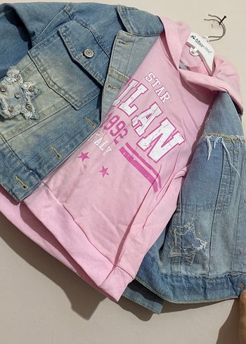 Pembe Kapüşonlu Baskılı Kot Ceket takım - Görsel 2