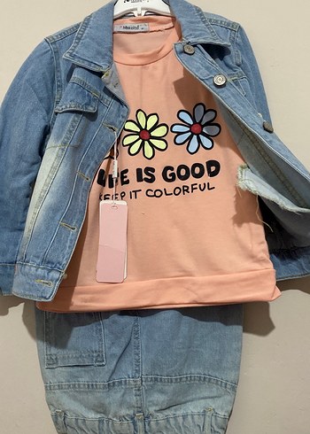 Renkli Nakışlı Kız Kot Ceket takım - Görsel 2