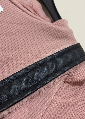 Deri Düğmeli Kız Elbisesi, Uzun Kollu, Pembe - Görsel 4
