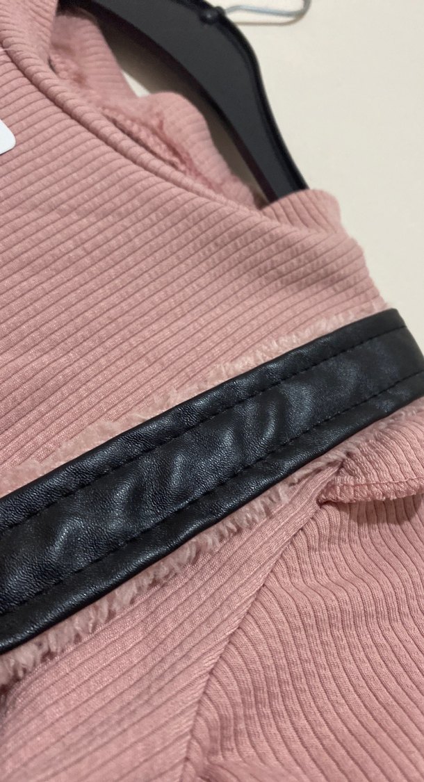 Deri Düğmeli Kız Elbisesi, Uzun Kollu, Pembe - Görsel 4