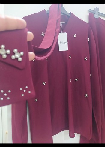 42 Beden bordo Renk etiketli taşlı krep etekli takim