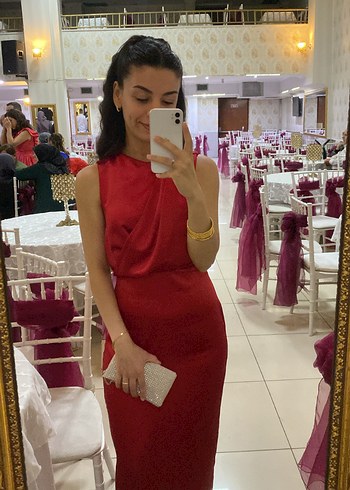 Zara Saten Zara Kırmızı Drapeli Uzun Kadın Elbise
