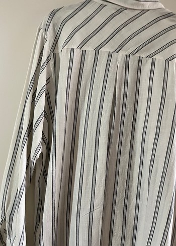 Düğmeli Uzun Kollu Çizgili Kadın Keten Gömlek - Görsel 7