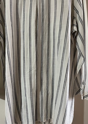 Düğmeli Uzun Kollu Çizgili Kadın Keten Gömlek - Görsel 3