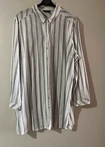 Düğmeli Uzun Kollu Çizgili Kadın Keten Gömlek - Görsel 2