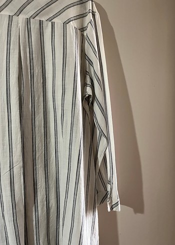 Düğmeli Uzun Kollu Çizgili Kadın Keten Gömlek - Görsel 8