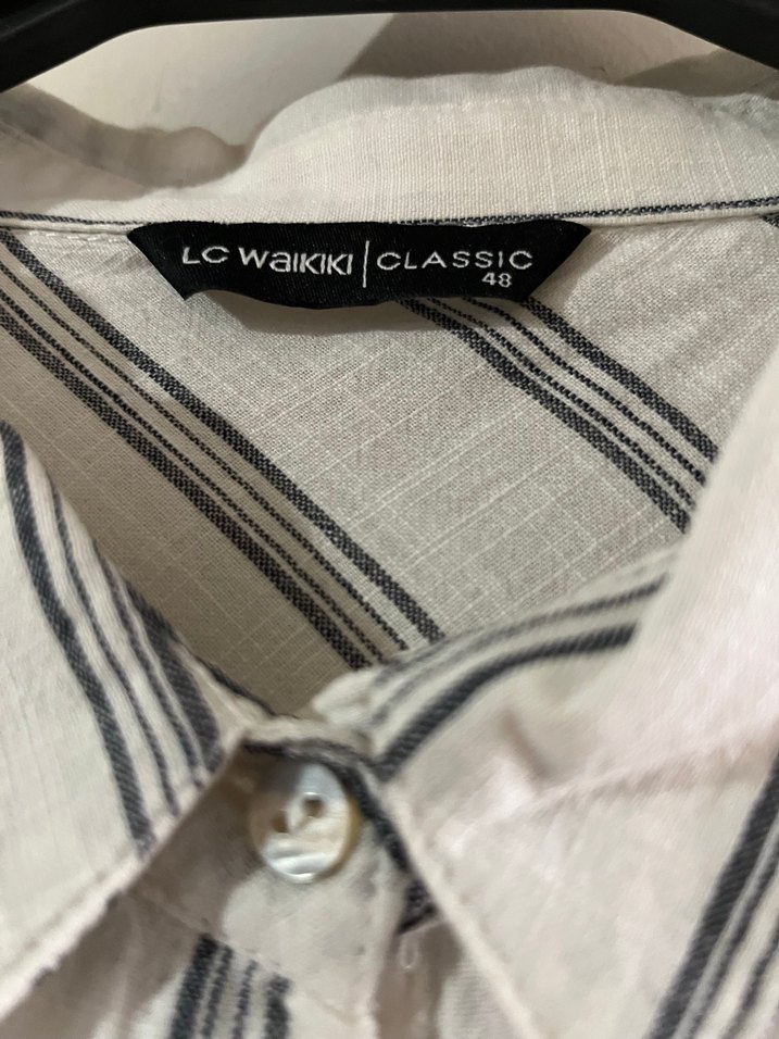 Düğmeli Uzun Kollu Çizgili Kadın Keten Gömlek - Görsel 5