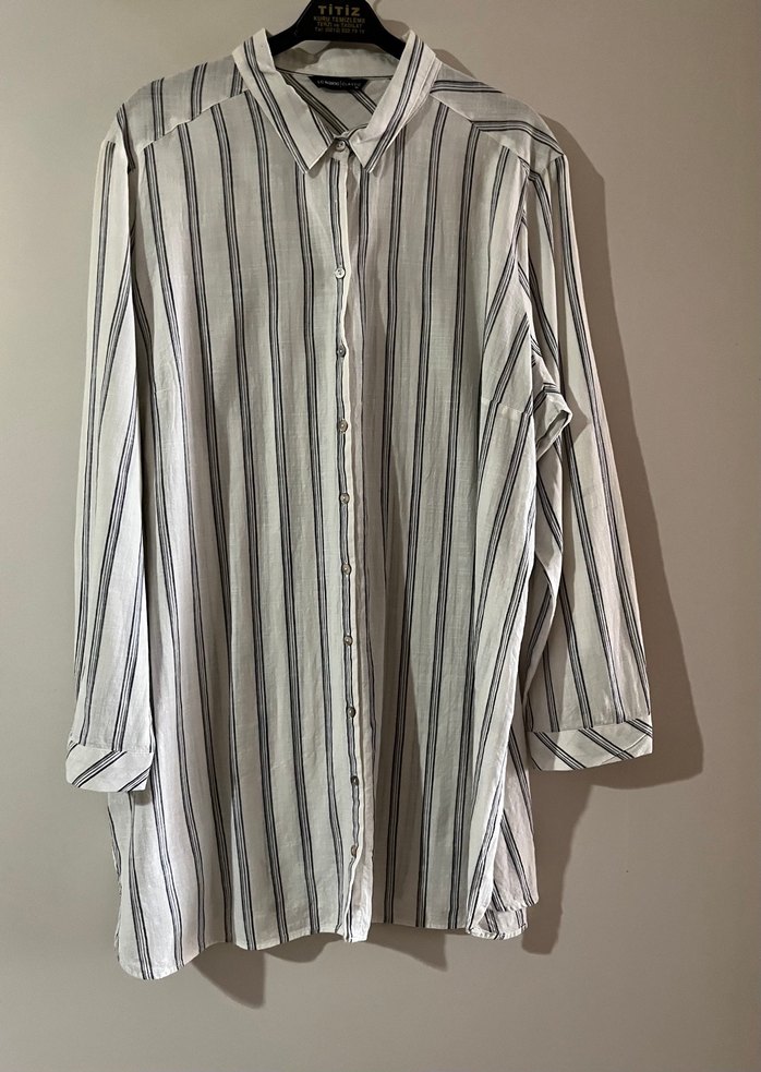 Düğmeli Uzun Kollu Çizgili Kadın Keten Gömlek - Görsel 2