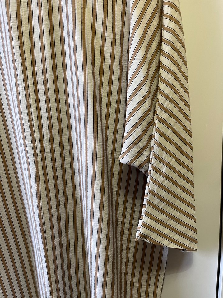 Bej Çizgili fakir Kollu Keten Gömlek - Görsel 4