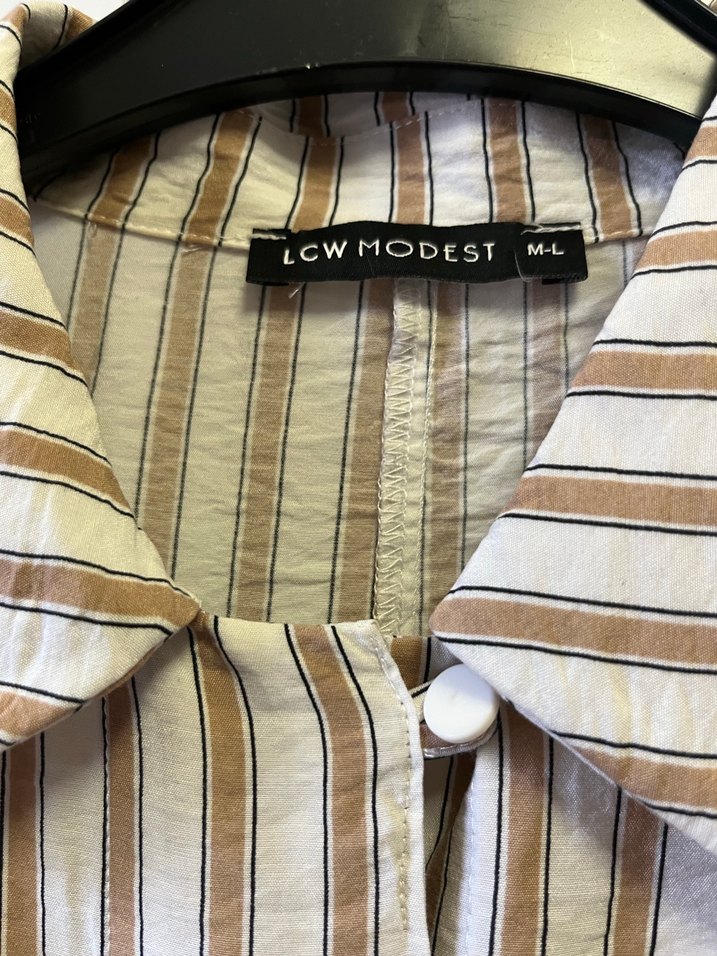 Bej Çizgili fakir Kollu Keten Gömlek - Görsel 3