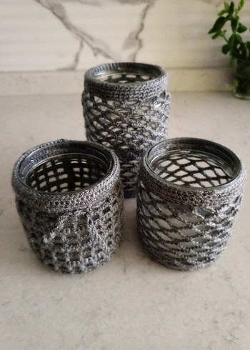 Gri Örgü Desenli Mumluk Seti - Görsel 2