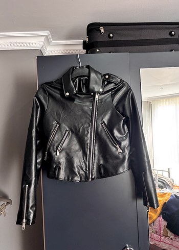s Beden Siyah Deri Biker Ceket