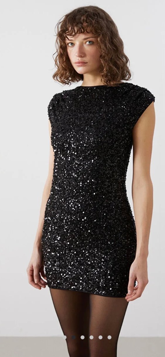 Parlak Siyah Kolsuz Mini Elbise - Görsel 2