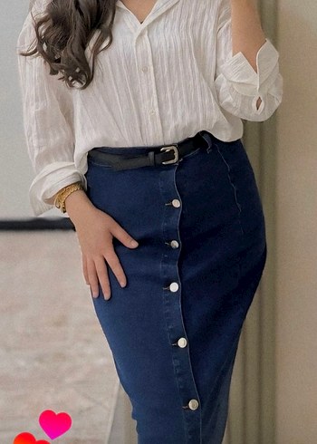 Düğmeli Mavi Midi Kot Etek - Görsel 2