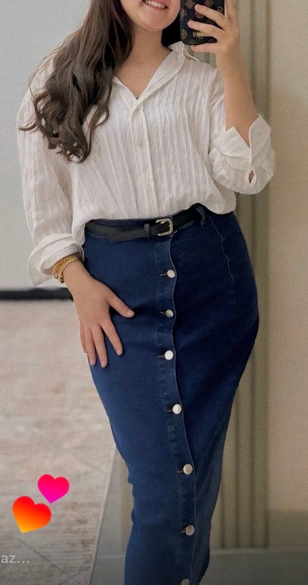 Düğmeli Mavi Midi Kot Etek - Görsel 2