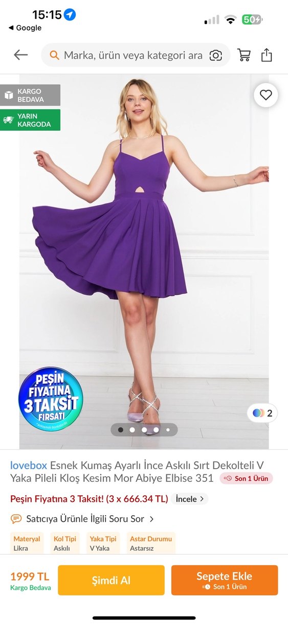 Mor Ayarlı Askılı Kloş Mini Elbise - Görsel 4