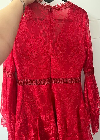 Kırmızı Dantel Bohem Uzun Kollu Elbise - Görsel 5