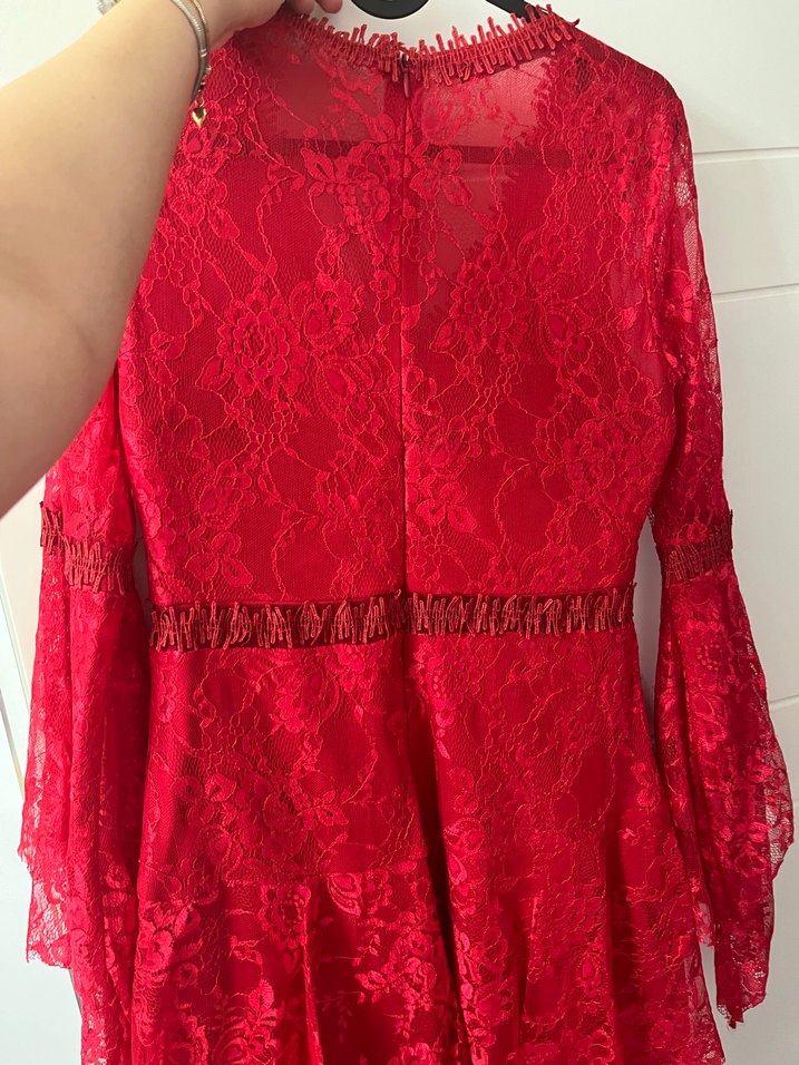 Kırmızı Dantel Bohem Uzun Kollu Elbise - Görsel 5
