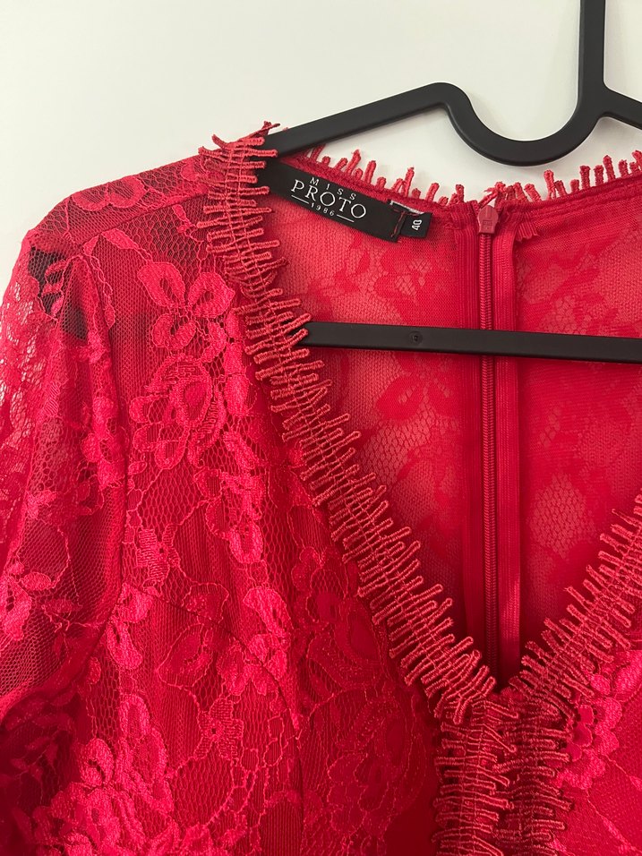 Kırmızı Dantel Bohem Uzun Kollu Elbise - Görsel 3