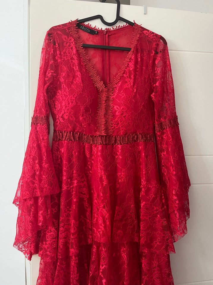 Kırmızı Dantel Bohem Uzun Kollu Elbise - Görsel 2