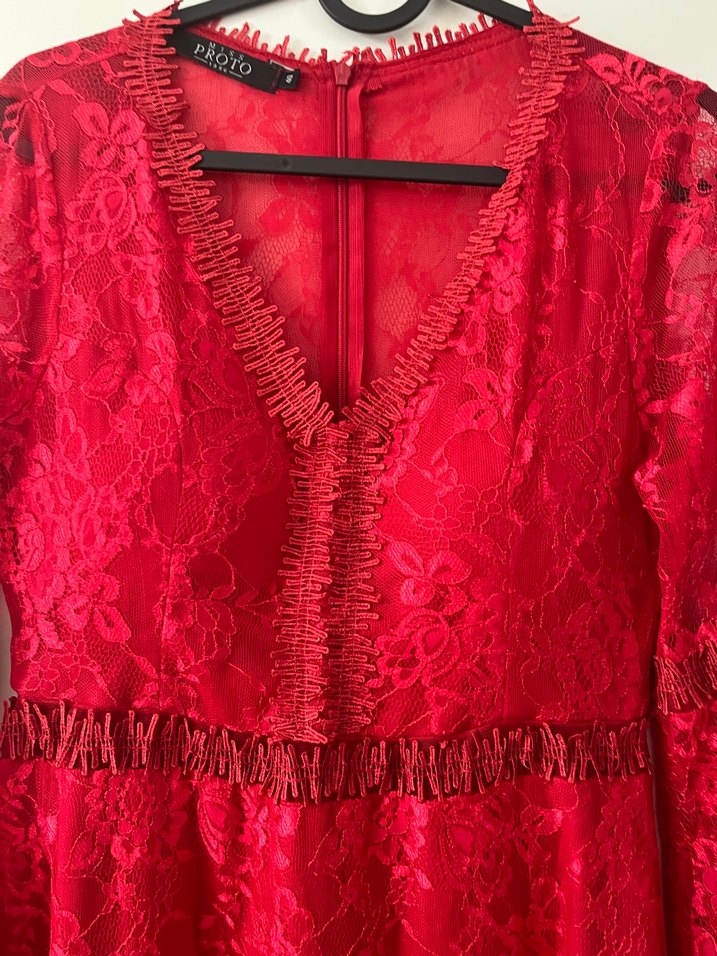 Kırmızı Dantel Bohem Uzun Kollu Elbise - Görsel 4