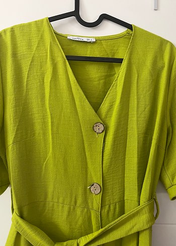 Hafif Haki Keten Düğmeli Uzun Elbise - Görsel 3