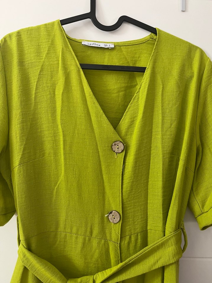 Hafif Haki Keten Düğmeli Uzun Elbise - Görsel 3