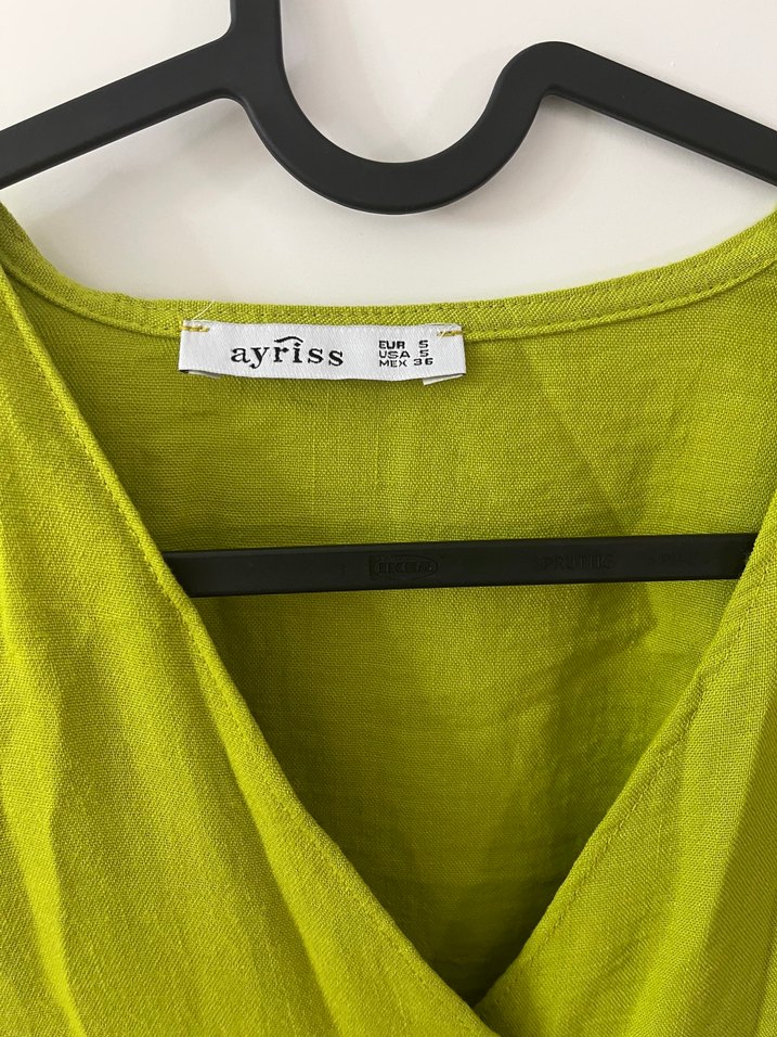 Hafif Haki Keten Düğmeli Uzun Elbise - Görsel 4