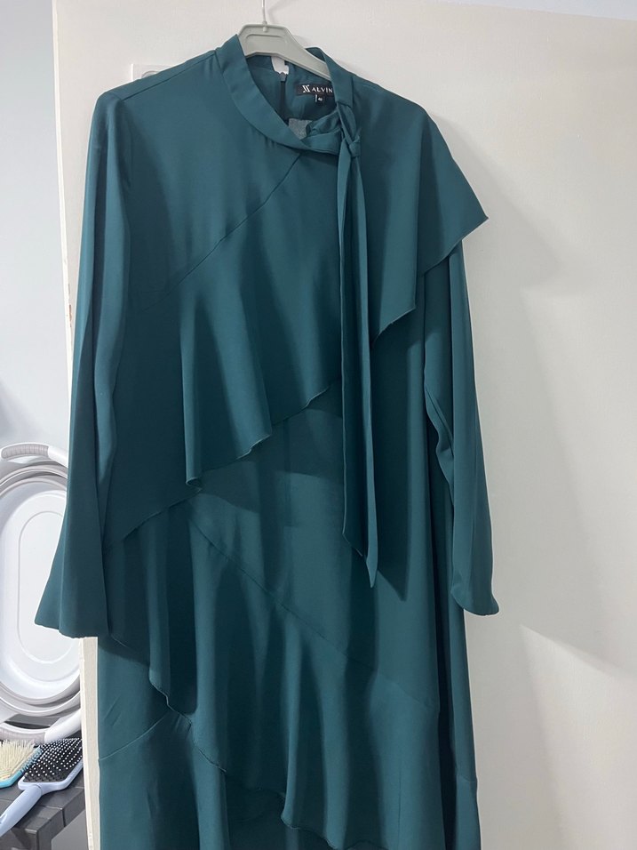 Uzun Yeşil Salaş Drapeli Kadın Tunik - Görsel 4